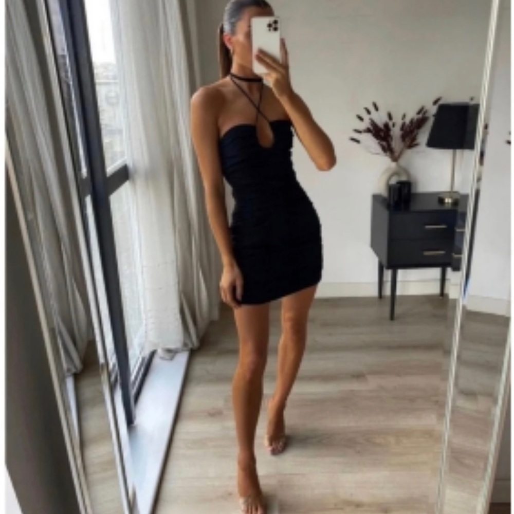 NWT ZARA Ruched Haltered Mini Dress, Size: L, Color: Black